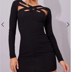 Black Cross Strap Long Sleeve Rib Bodycon Dress